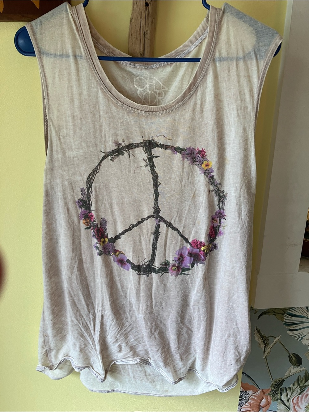 Sleeveless Floral Peace Sign Tank Top - Light Beige